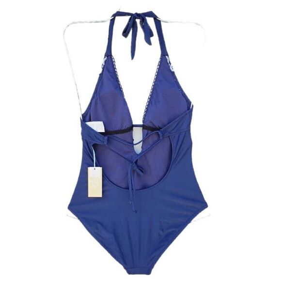 Kona Sol One Piece Swimsuit Navy Embroidered Plunge Bust Strappy Halter S New - Picture 2 of 8